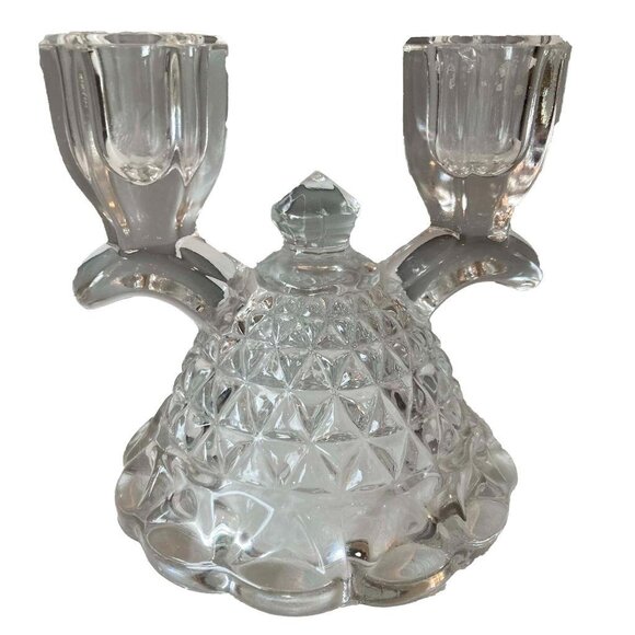 Vintage Double Imperial Crystal Style Glass Taper Candle Holder 4.5 Inch - Picture 1 of 4